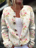 Flowers & Leaves Print Buttoned Cardigan