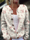 Pink Rose Florets Print Buttoned Cardigan