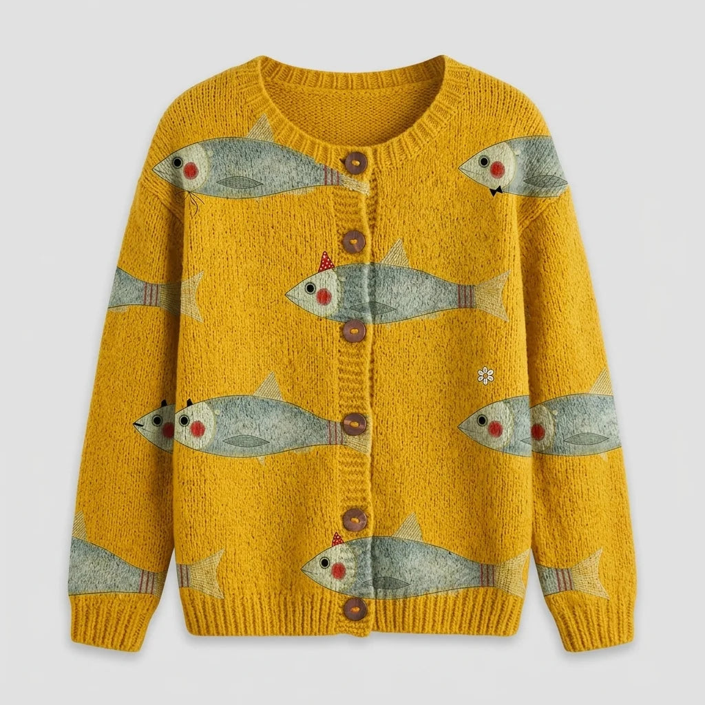 Vintage Fish Sardines Art Print Buttoned Cardigan
