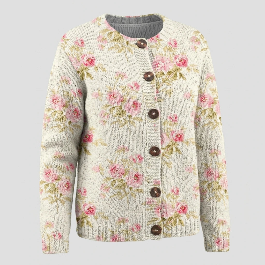 Flowers & Leaves Print Buttoned Cardigan