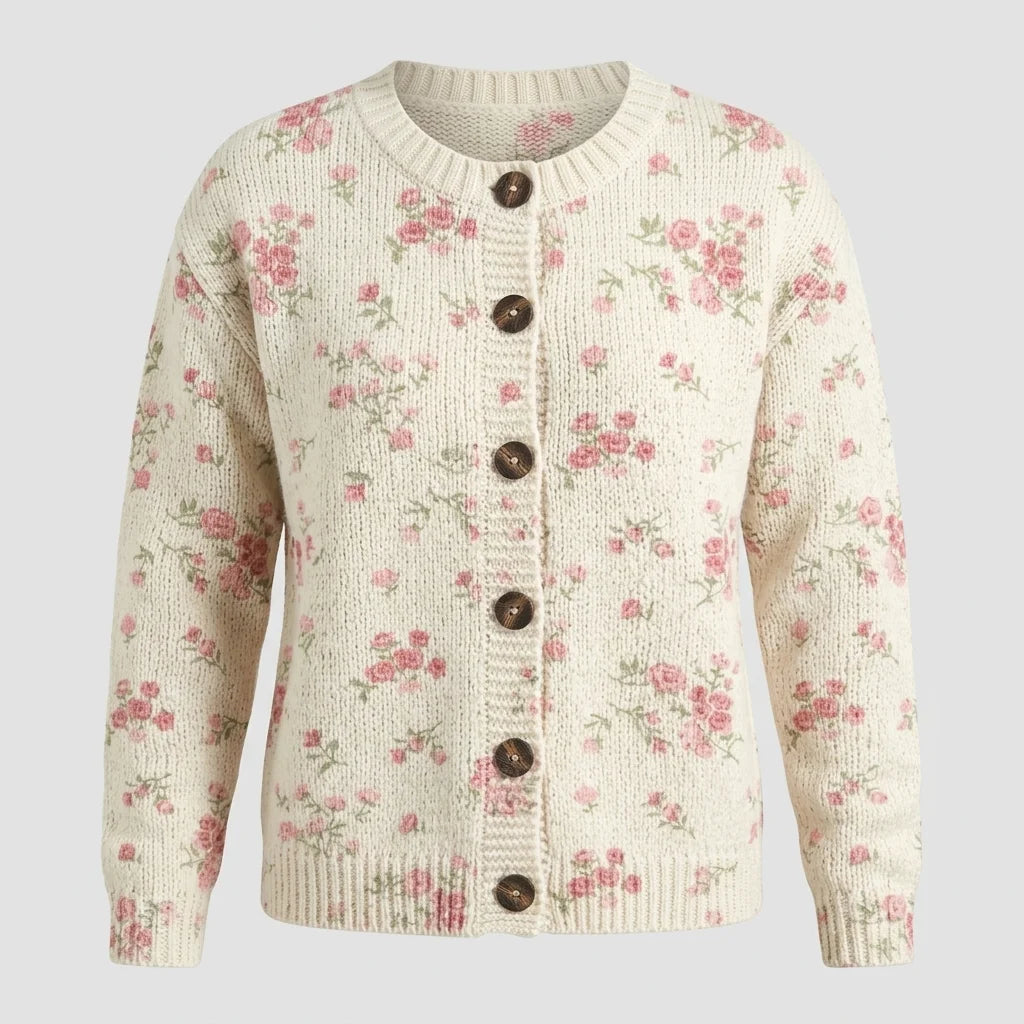 Pink Rose Florets Print Buttoned Cardigan