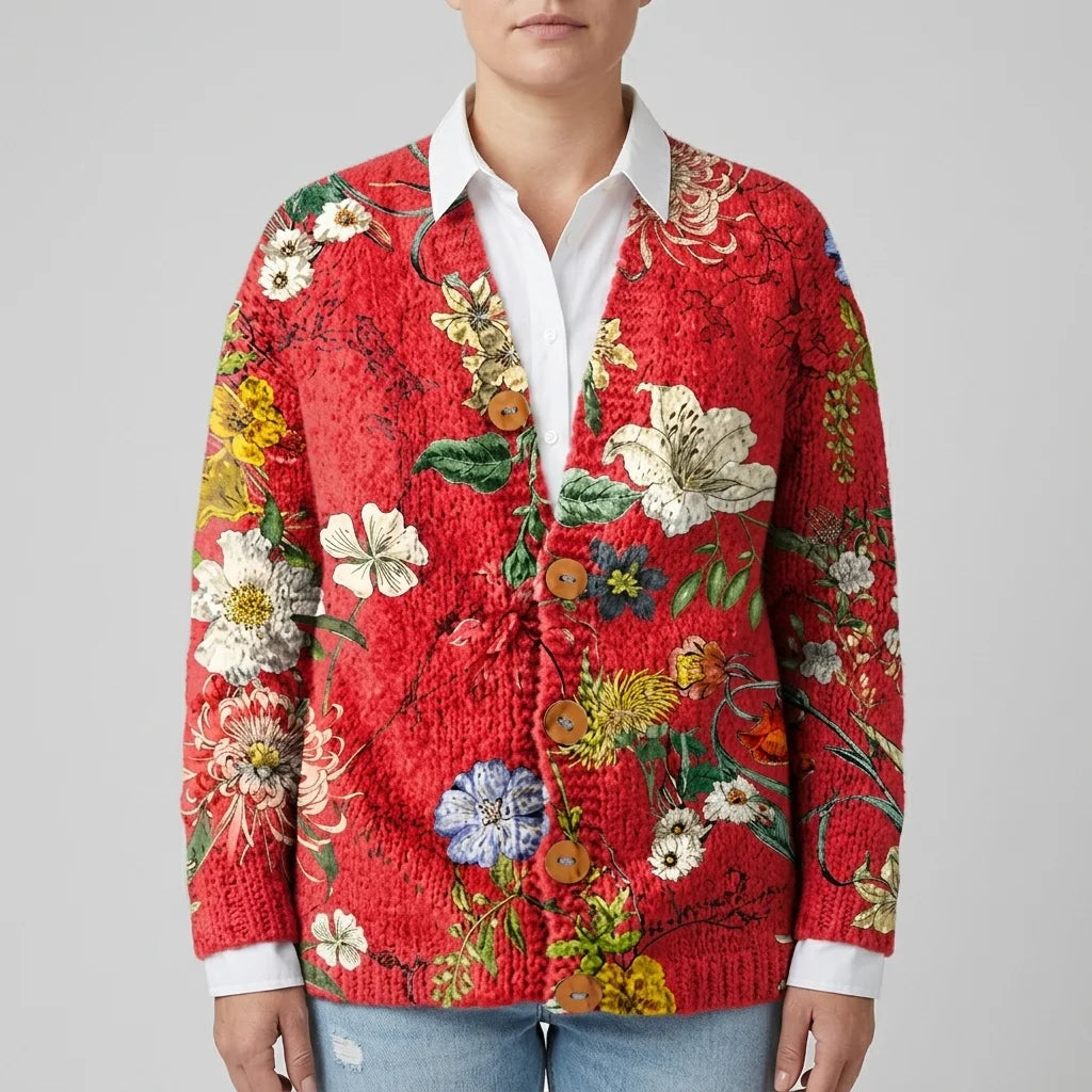 Vintage Floral Art Print Buttoned Cardigan