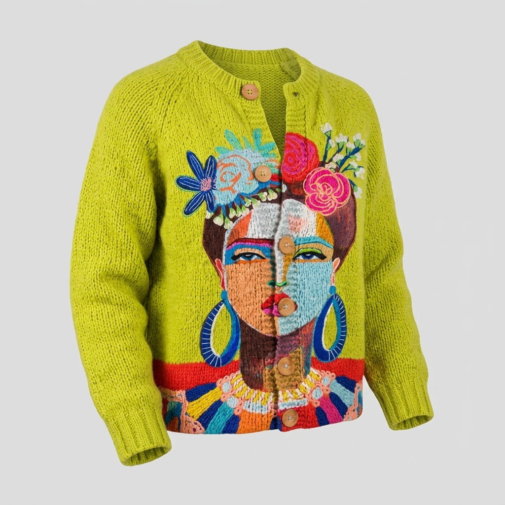 Painting Portrait Art Printed Buttoned Cardigan