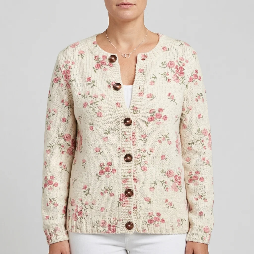 Pink Rose Florets Print Buttoned Cardigan