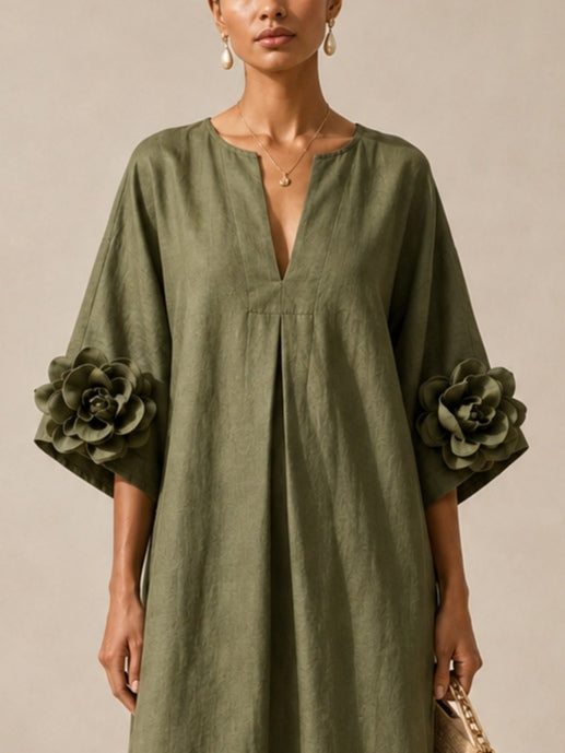 Livia | Olive Green Midi Dress with V-Neck and Original Floral-Print Sleeves