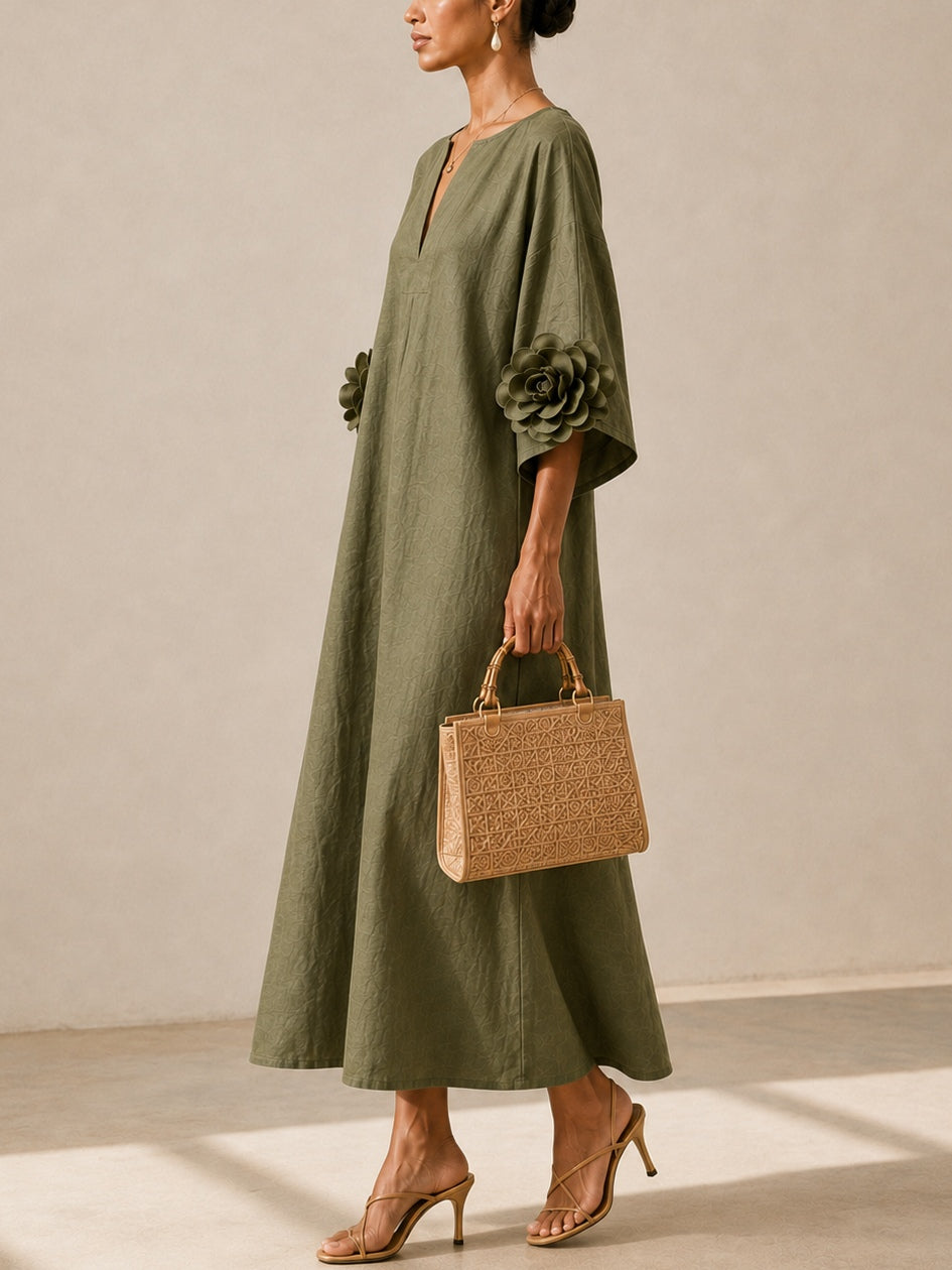 Livia | Olive Green Midi Dress with V-Neck and Original Floral-Print Sleeves